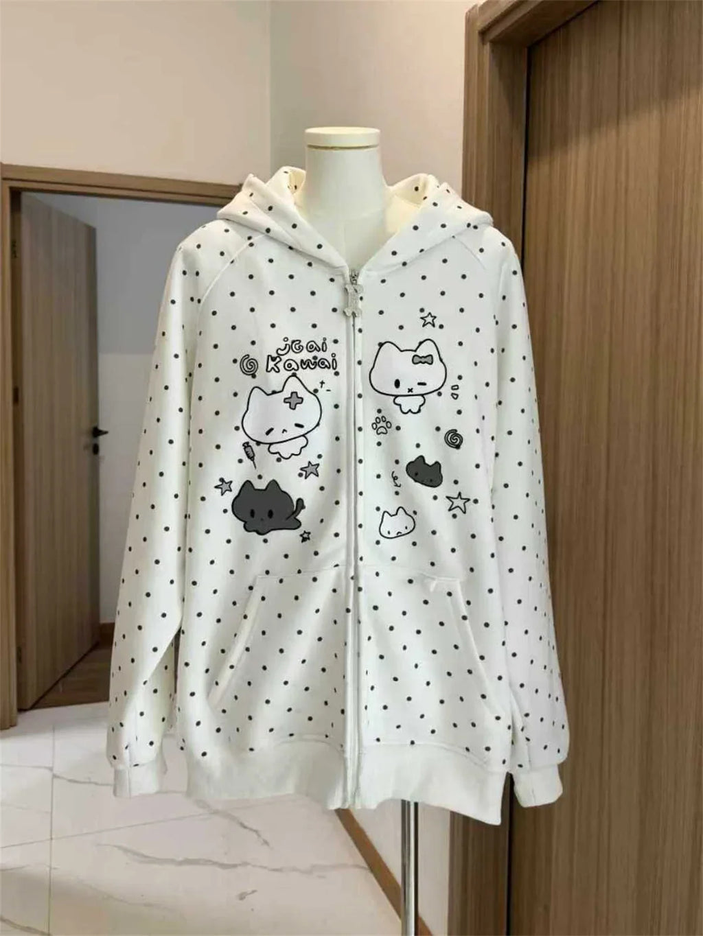 Japanese Y2k Hoodies Jackets Women Clothes Polka Dot Cat Print Sweatshirts 2025 Ropa Mujer Casual Chic Hooded Cute Hoodie Tops