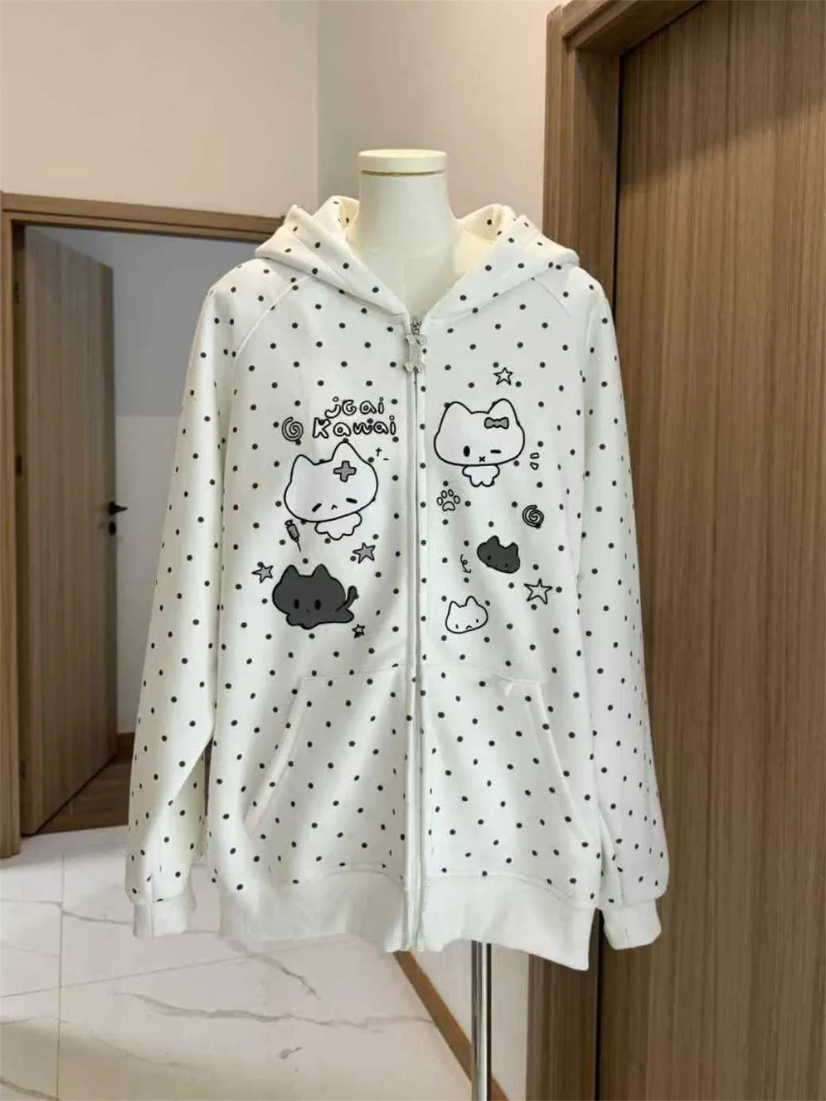 Japanese Y2k Hoodies Jackets Women Clothes Polka Dot Cat Print Sweatshirts 2025 Ropa Mujer Casual Chic Hooded Cute Hoodie Tops