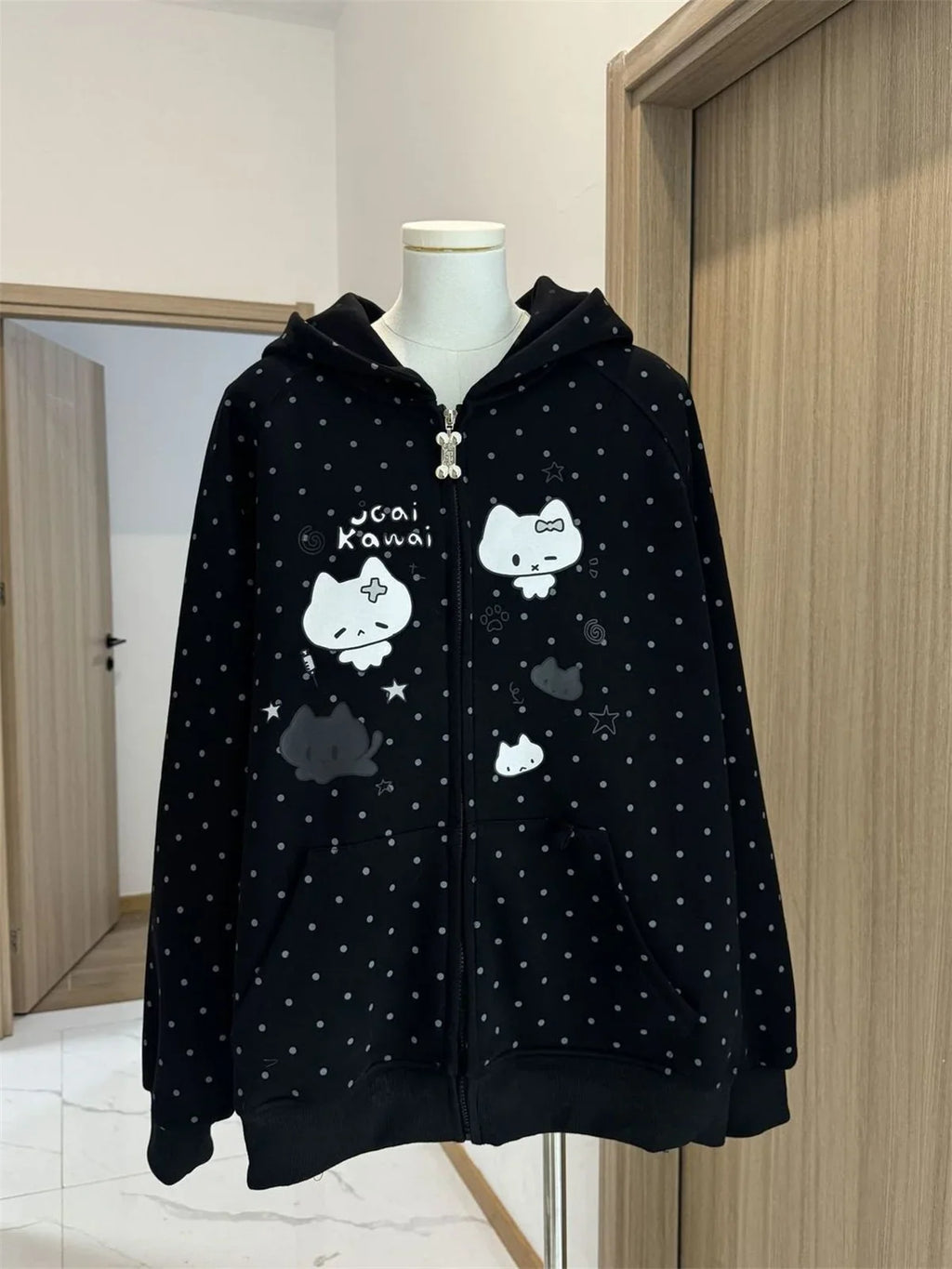 Japanese Y2k Hoodies Jackets Women Clothes Polka Dot Cat Print Sweatshirts 2025 Ropa Mujer Casual Chic Hooded Cute Hoodie Tops
