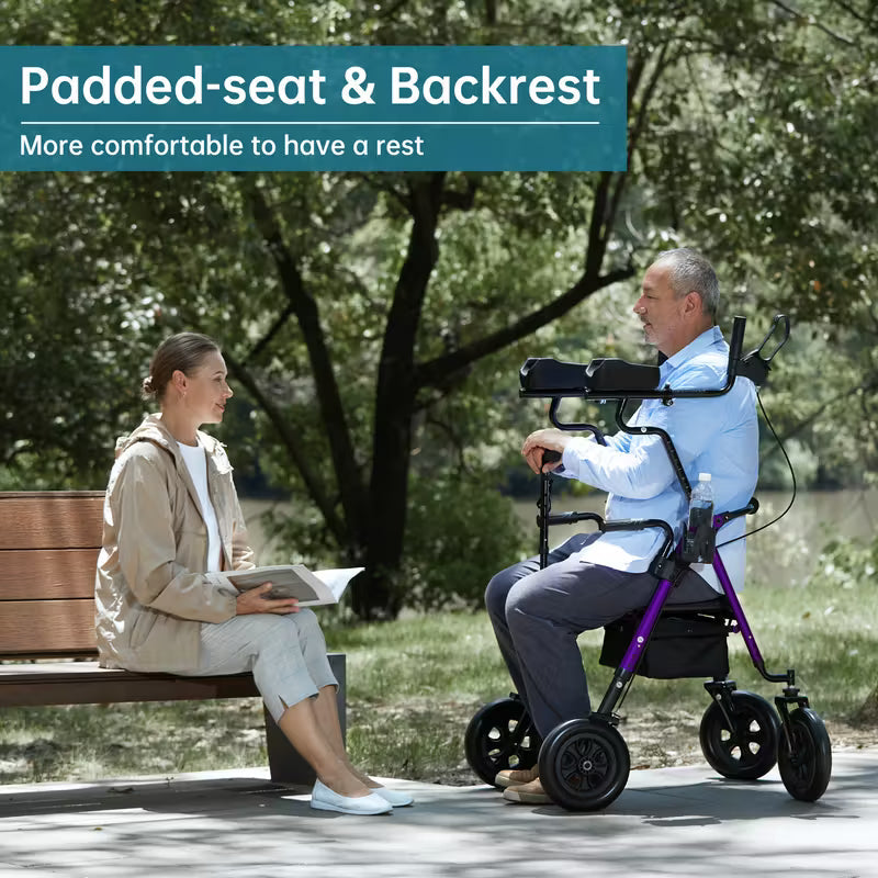 All-Terrain Upright Rollator Walker with 10" Large PU Wheels & Adjustable Padded Armrests - Heavy-Duty Aluminum Frame, Non-Slip Traction, Sturdy Brakes