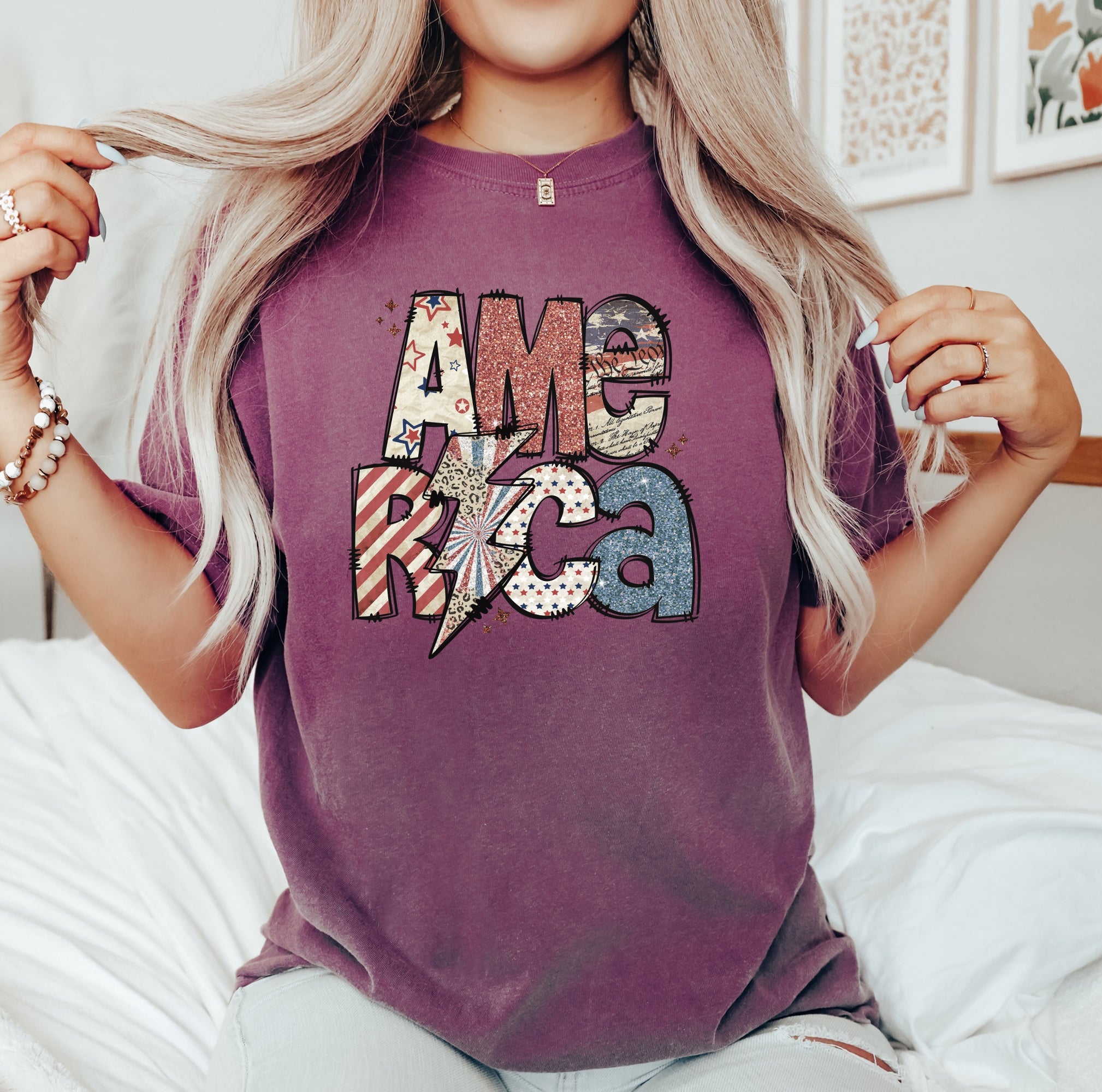 America Patriotic Lightning Bolt Patch Vintage Americana Flag Design Comfort Colors Tee