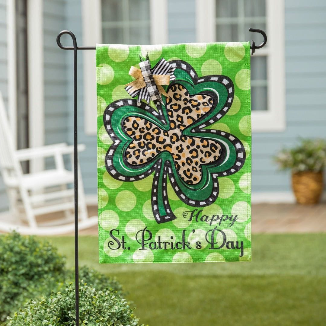 Animal Print Shamrock St Patricks Day Garden Flag 2 Sided Burlap