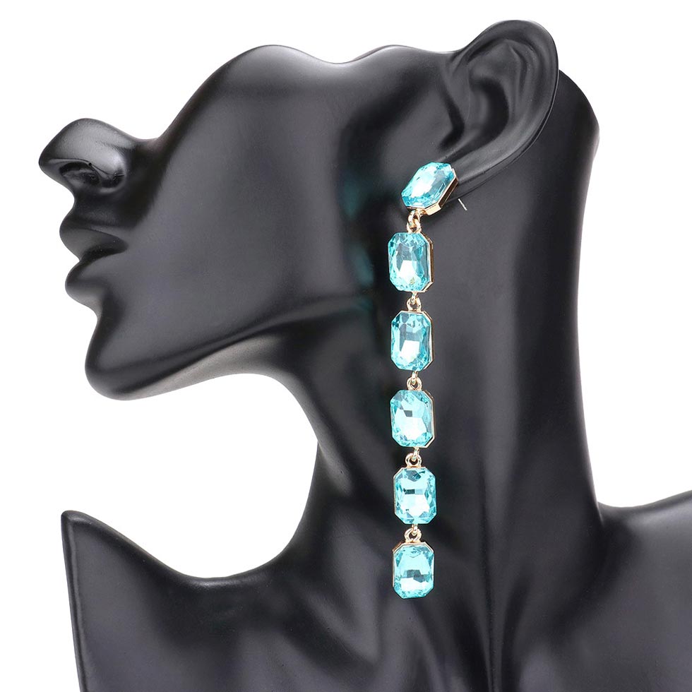Emerald Cut Stone Link Dangle Evening Earrings