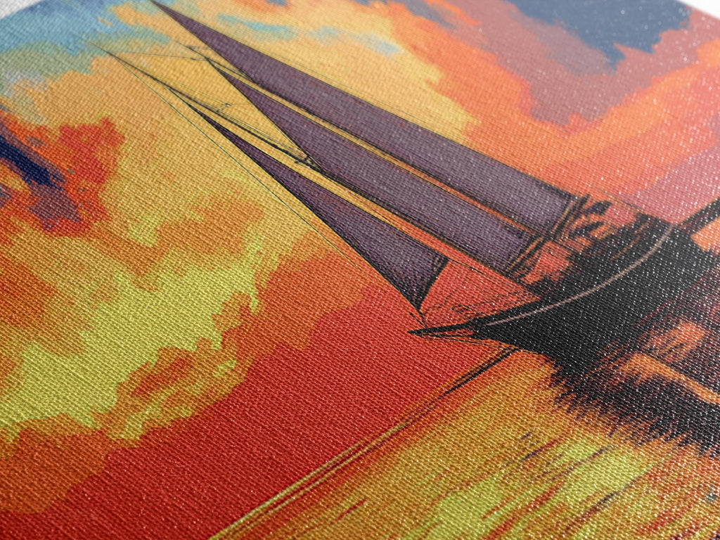 Pirate Ship at Sunset Framed Canvas Print - Panoramic Wall Art - Sailboat Painting - Sail Boat Art - Nautical Decor - Lake House Art