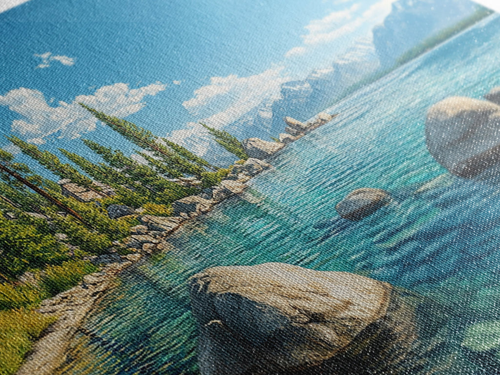 Lake Tahoe Landscape Canvas Print Rustic Wall Art Coastal Nature Scene Above Bed Artwork Living Room Decor Panoramic Painting