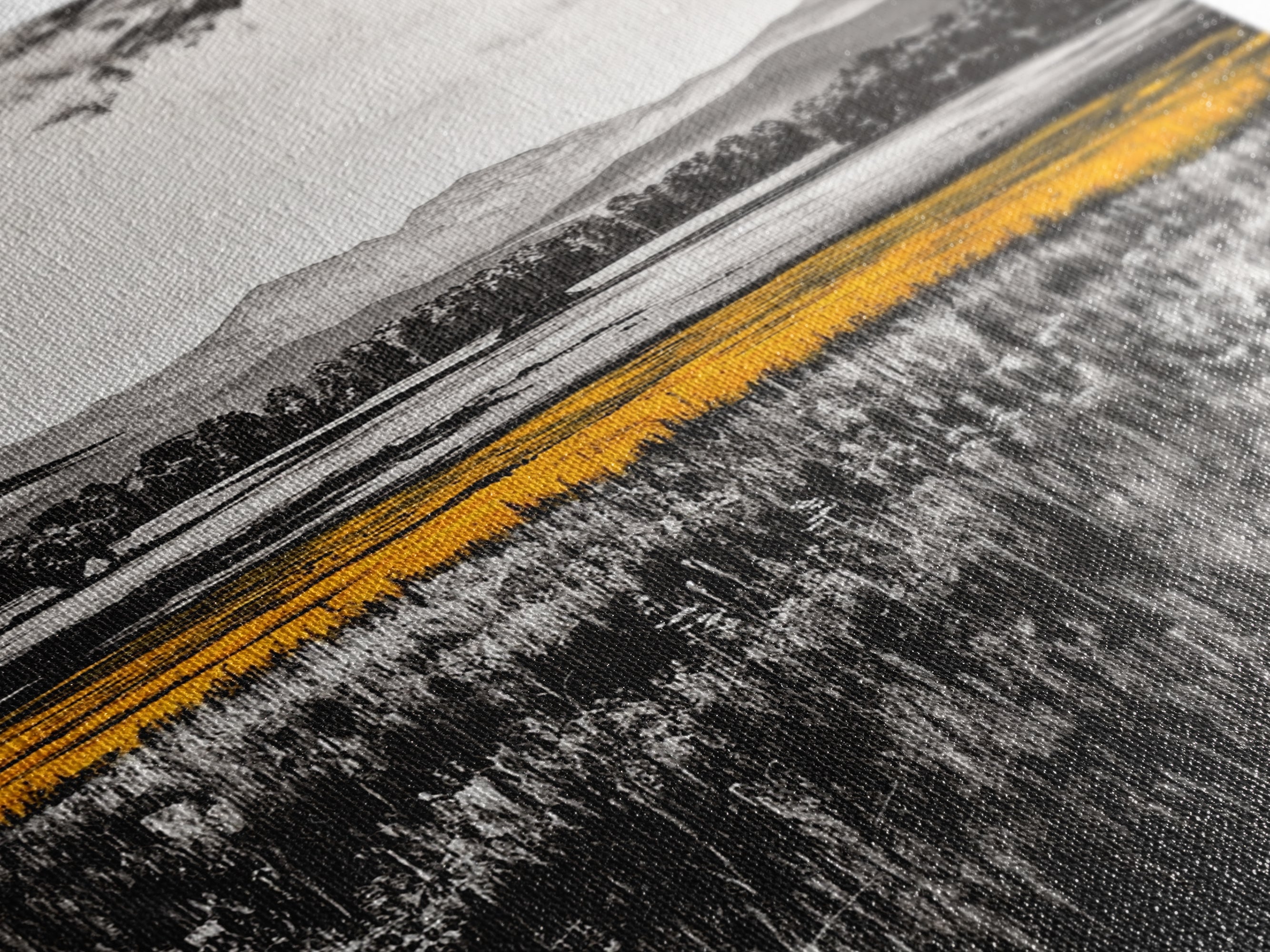 Golden Meadow, Black and White Landscape with Yellow Accents, Minimalist Nature Wall Art, Framed Canvas Print, Living Room or Office Decor