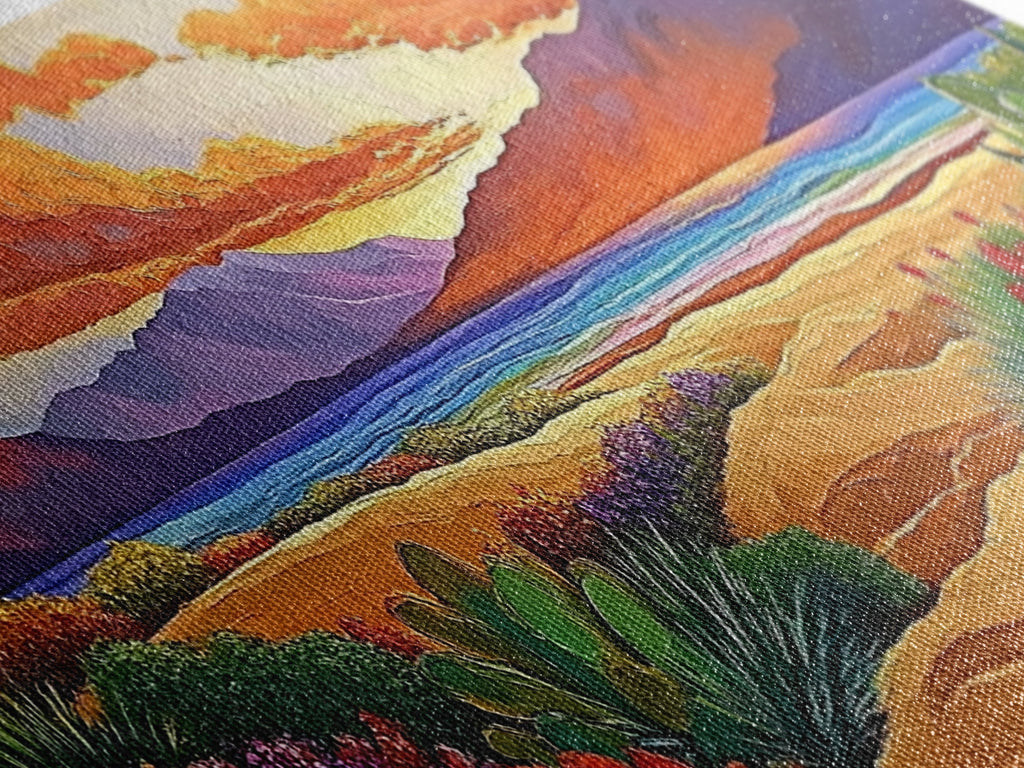 Sunset Desert, Mountains, Canvas Print, Vibrant desert landscape art with sunset sky and mountains, perfect Living Room Wall Art