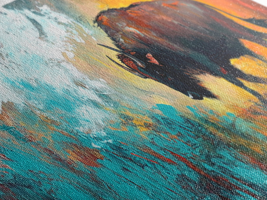 Abstract bison, rustic decor, teal wall art, western painting, bold color art, boho art, extra wide art, framed canvas print