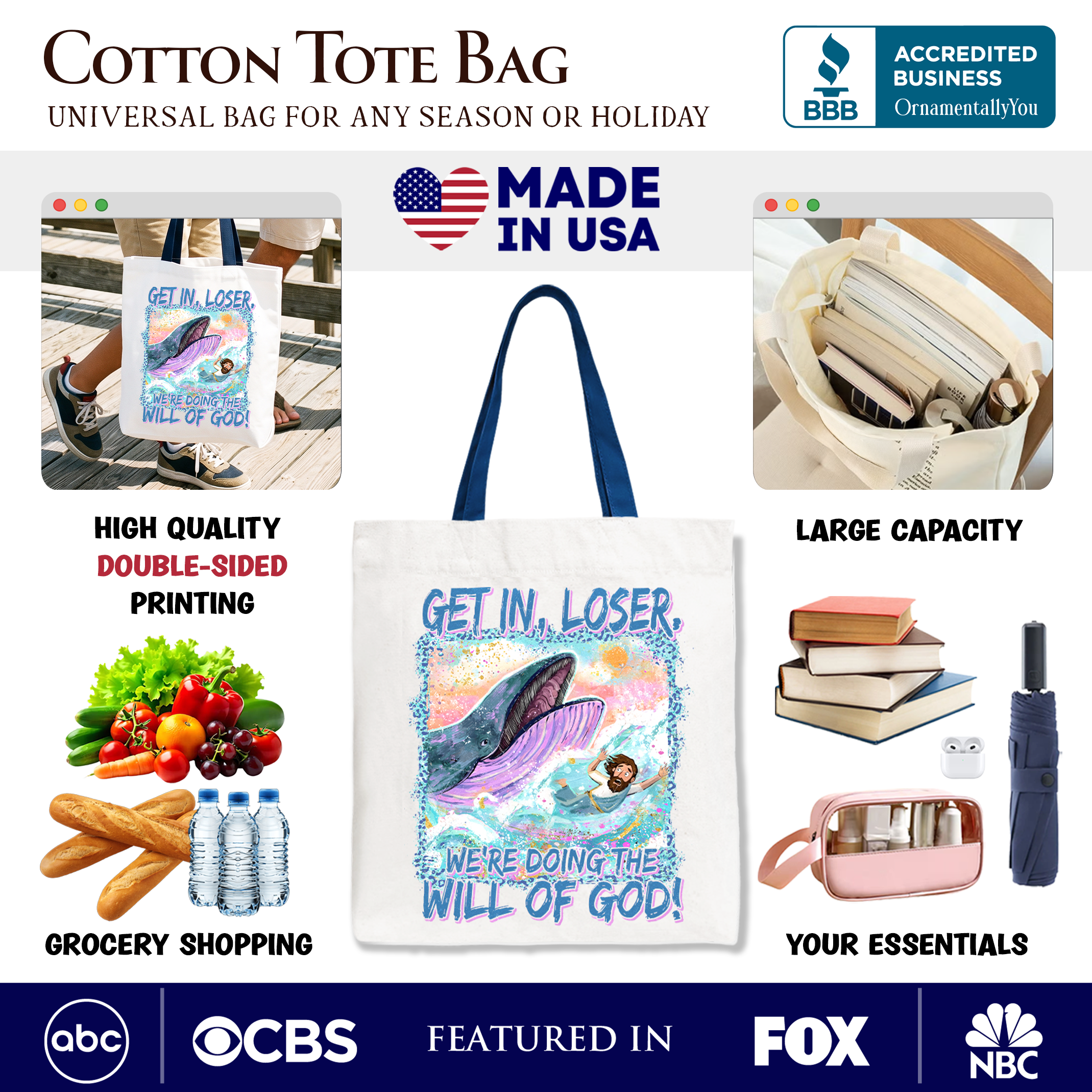 Jonah And The Whale Tote Bag, Doing The Will Of God Funny Christian Gift Shopper