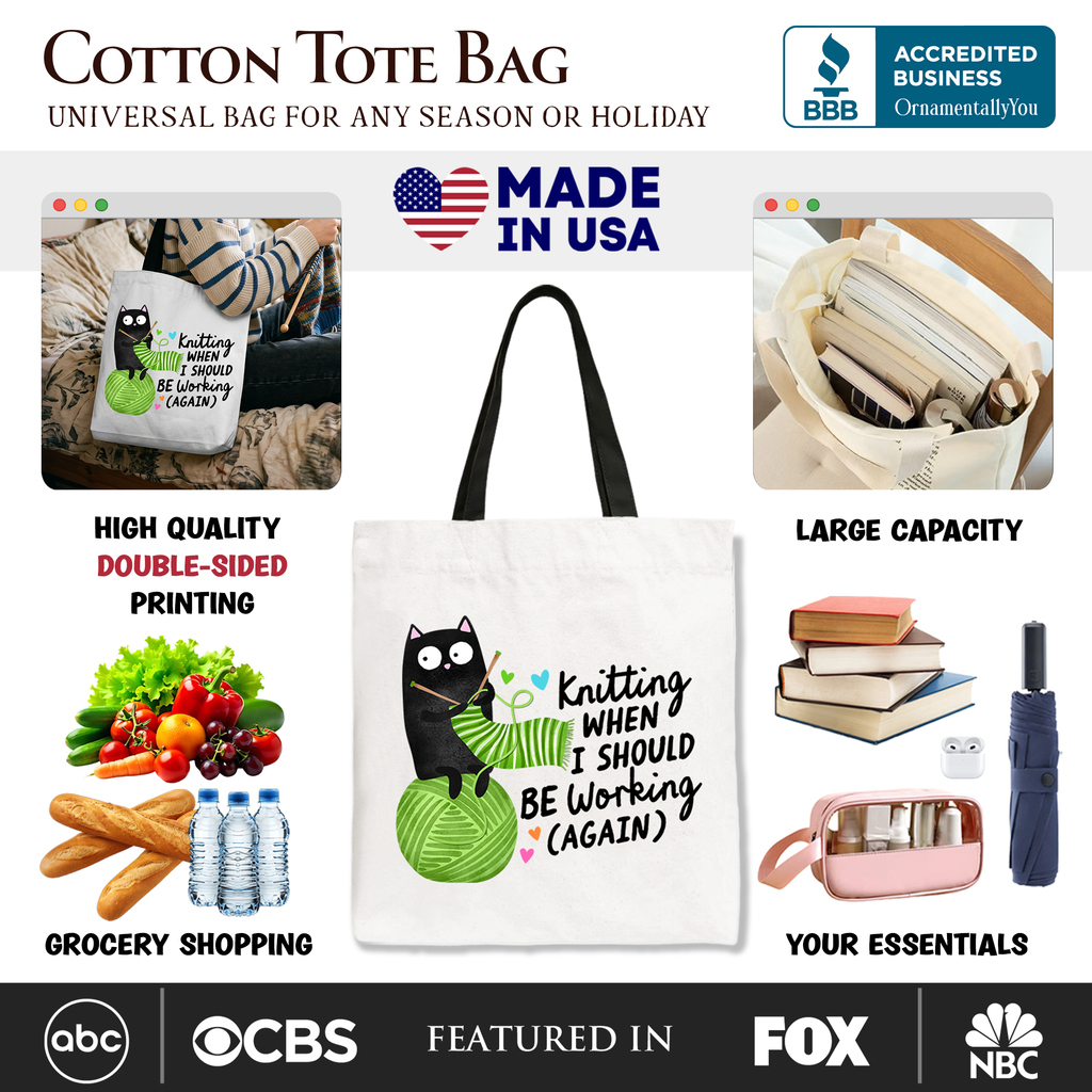 Knitting Black Cat Cute Tote Bag, Funny Working Crafter Phrase Gift Shopper