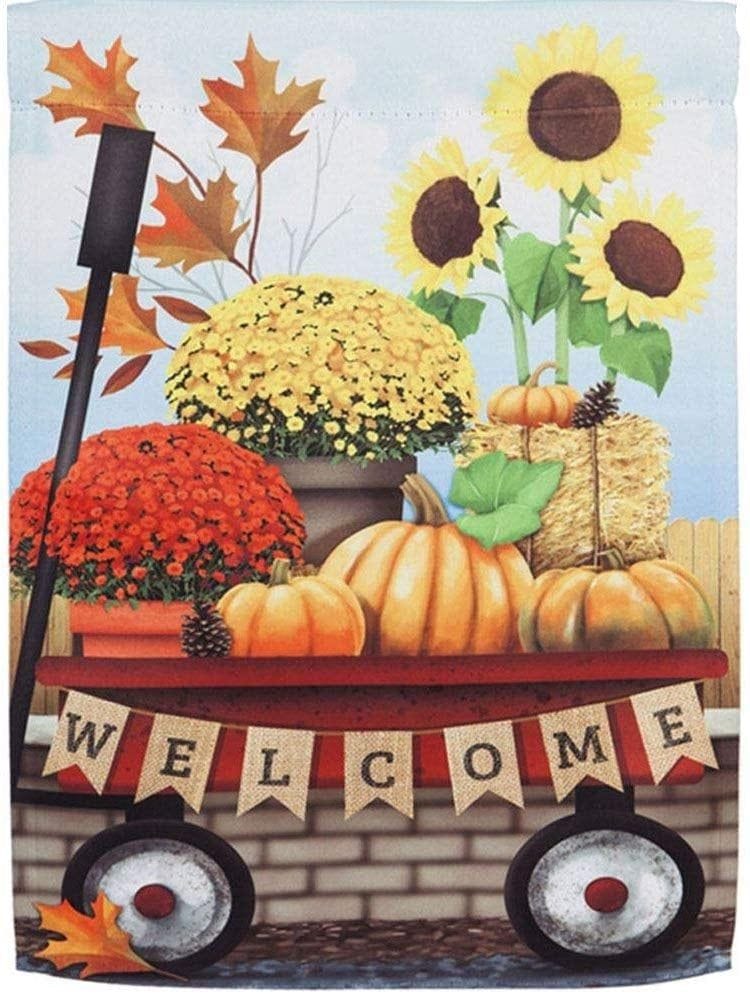 Autumn Red Wagon Garden Flag 2 Sided Welcome