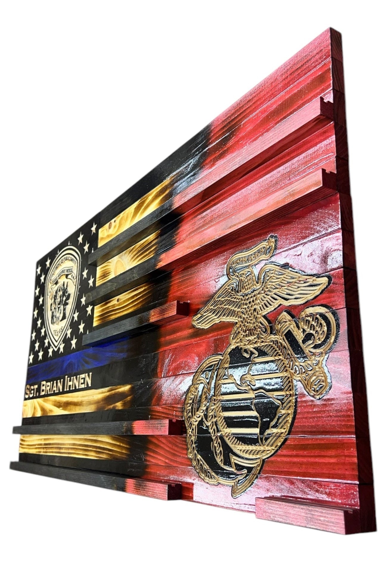 Custom Wooden Challenge Coin Display Flag with Engraved Badge