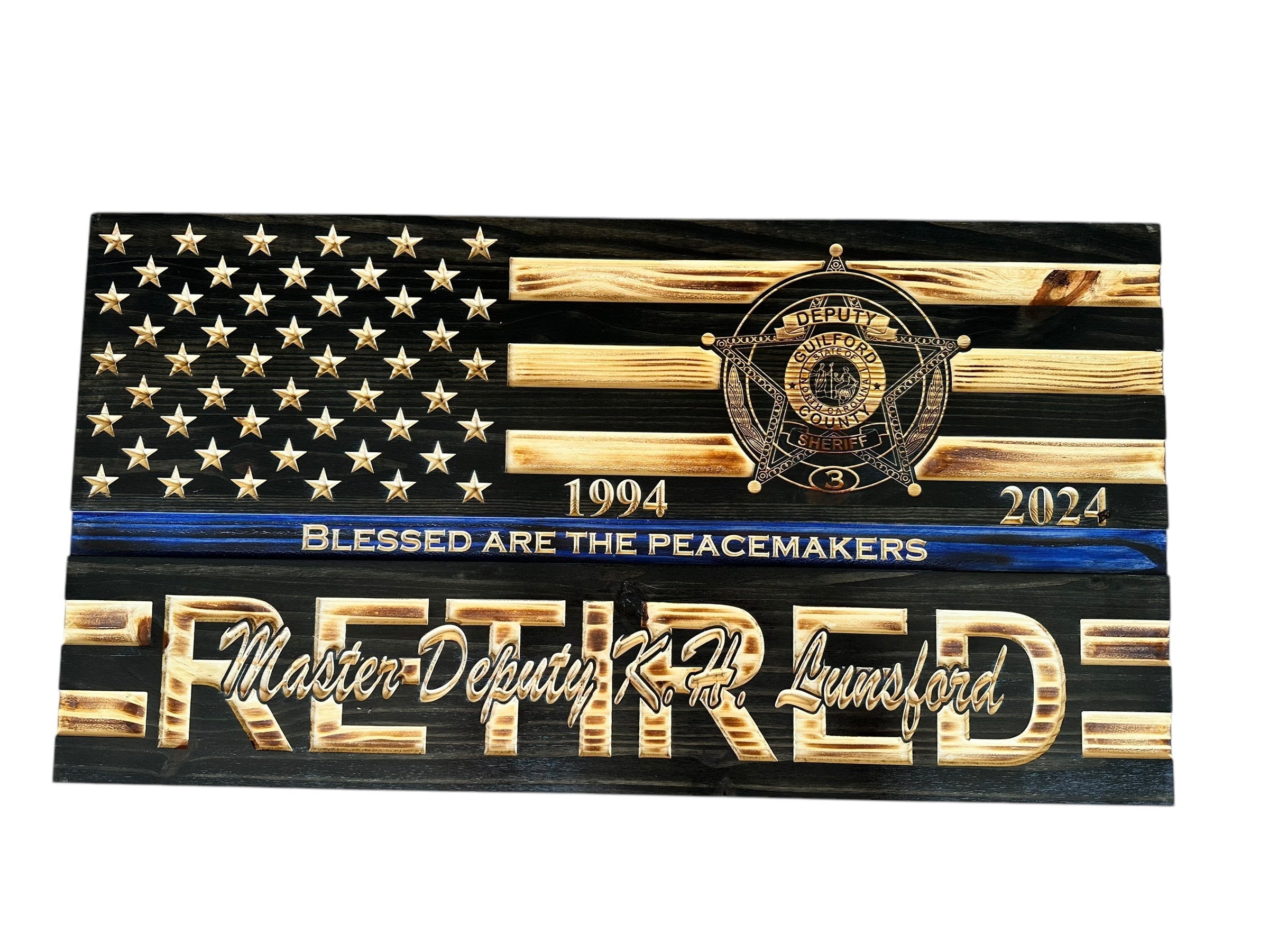 Custom Retirement Wooden American Flag with Engraved Badges