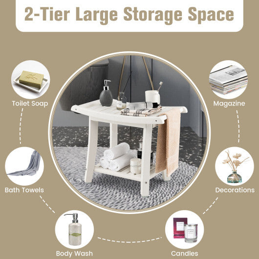 Waterproof Bath Stool with Curved Seat and Storage Shelf-Brown