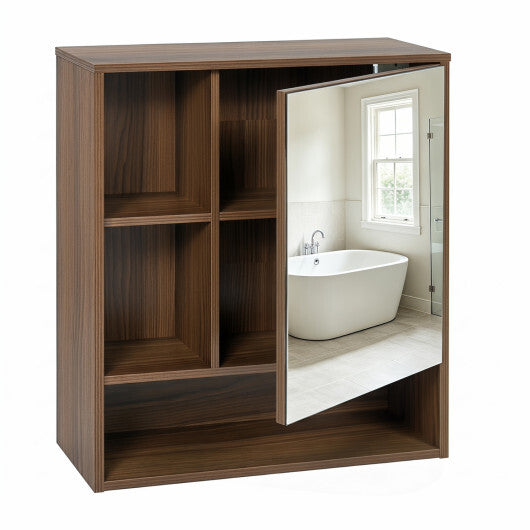 Wall-Mounted Mirror Cabinet with 2 Hidden Shelves and 3 Open Compartments-Black