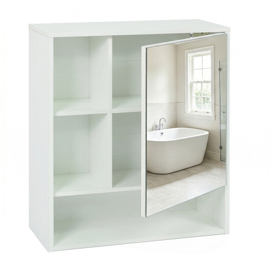 Wall-Mounted Mirror Cabinet with 2 Hidden Shelves and 3 Open Compartments-Black