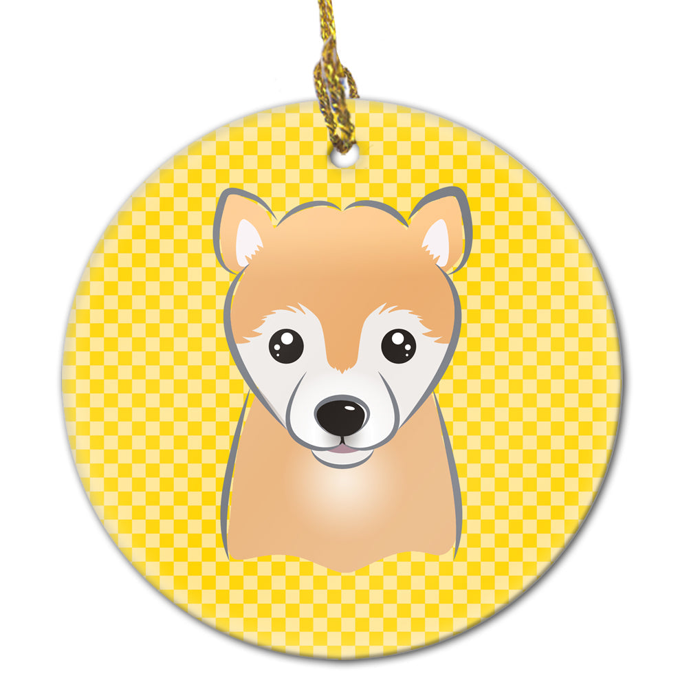 Yellow Checkered Shiba Inu Ceramic Ornament Christmas Tree Hanging Decorations for Home Christmas Holiday, Party, Gift, 3 in, Multicolor