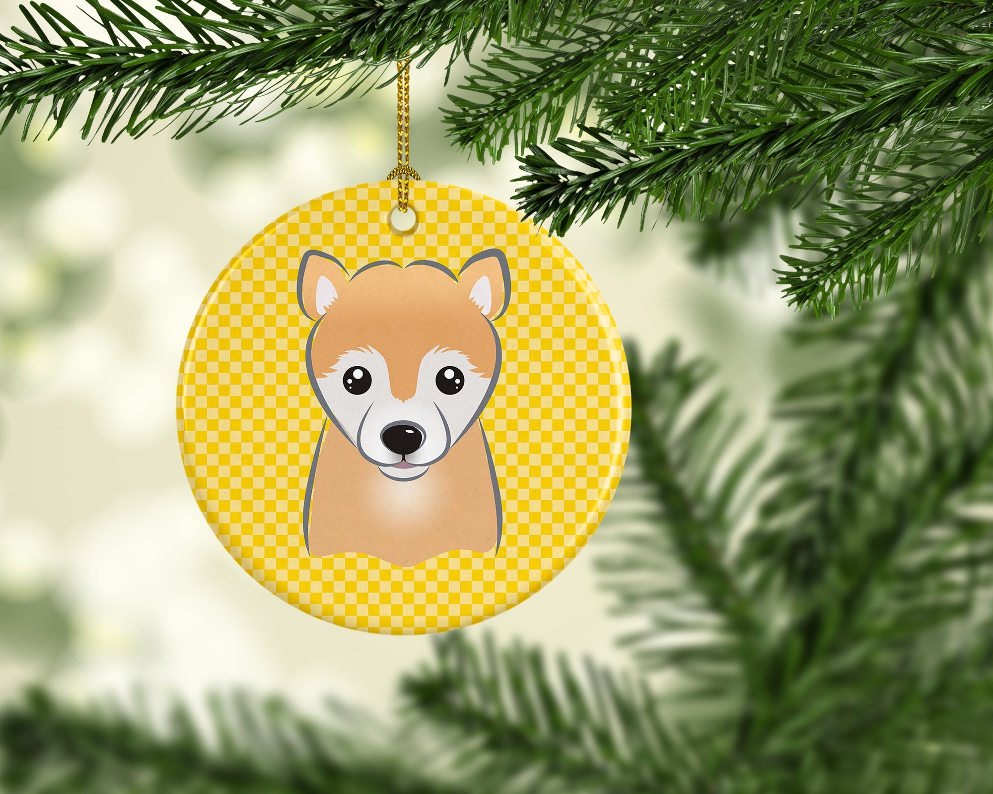 Yellow Checkered Shiba Inu Ceramic Ornament Christmas Tree Hanging Decorations for Home Christmas Holiday, Party, Gift, 3 in, Multicolor