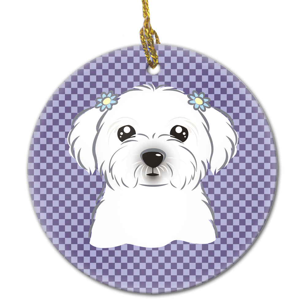 Purple Checkered Maltese Ceramic Ornament Christmas Tree Hanging Decorations for Home Christmas Holiday, Party, Gift, 3 in, Multicolor