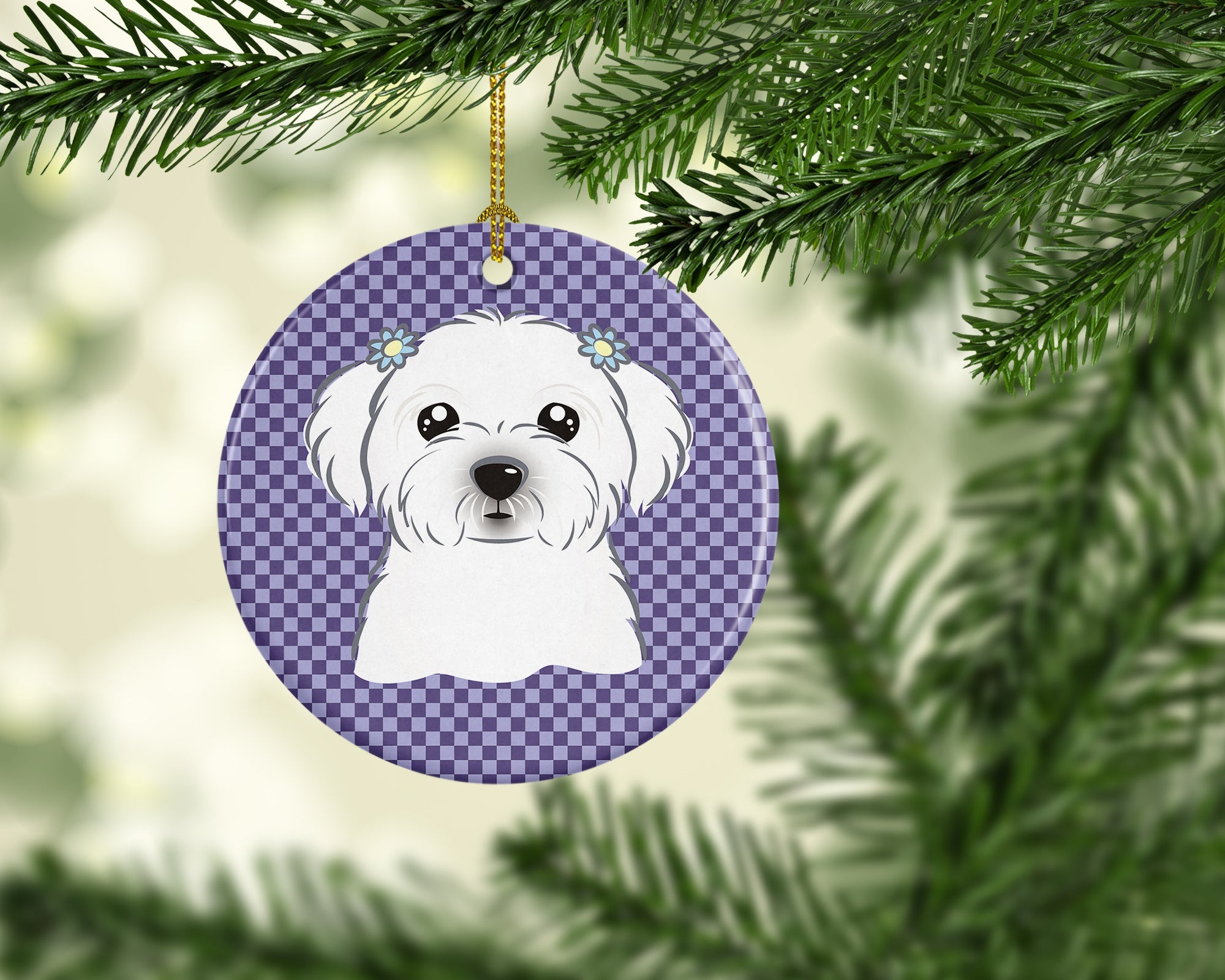 Purple Checkered Maltese Ceramic Ornament Christmas Tree Hanging Decorations for Home Christmas Holiday, Party, Gift, 3 in, Multicolor