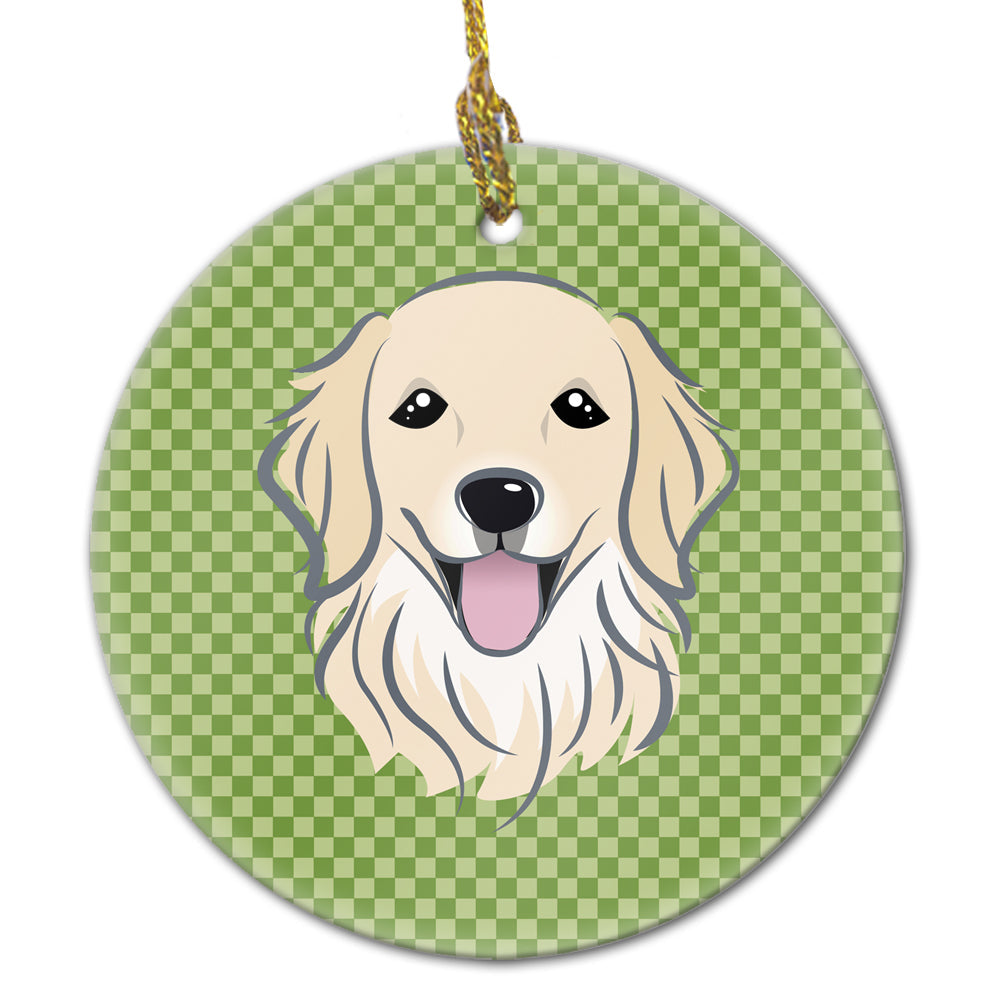 Green Checkered Golden Retriever Ceramic Ornament Christmas Tree Hanging Decorations for Home Christmas Holiday, Party, Gift, 3 in, Multicolor