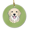 Green Checkered Golden Retriever Ceramic Ornament Christmas Tree Hanging Decorations for Home Christmas Holiday, Party, Gift, 3 in, Multicolor