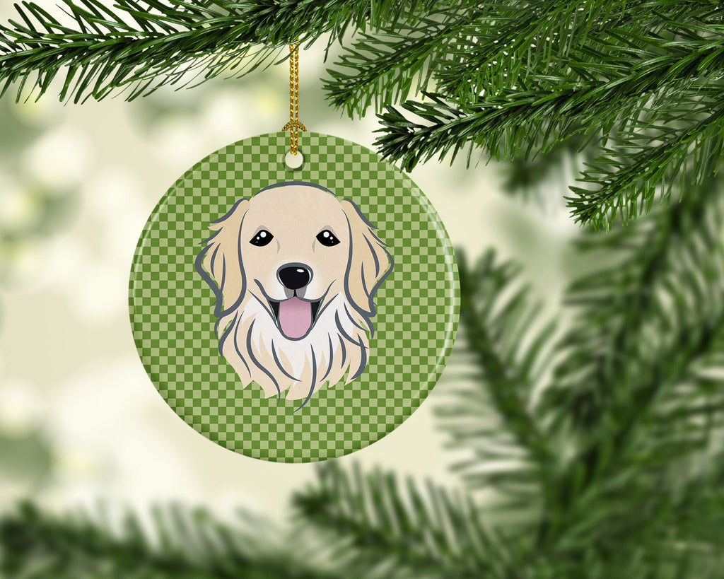 Green Checkered Golden Retriever Ceramic Ornament Christmas Tree Hanging Decorations for Home Christmas Holiday, Party, Gift, 3 in, Multicolor