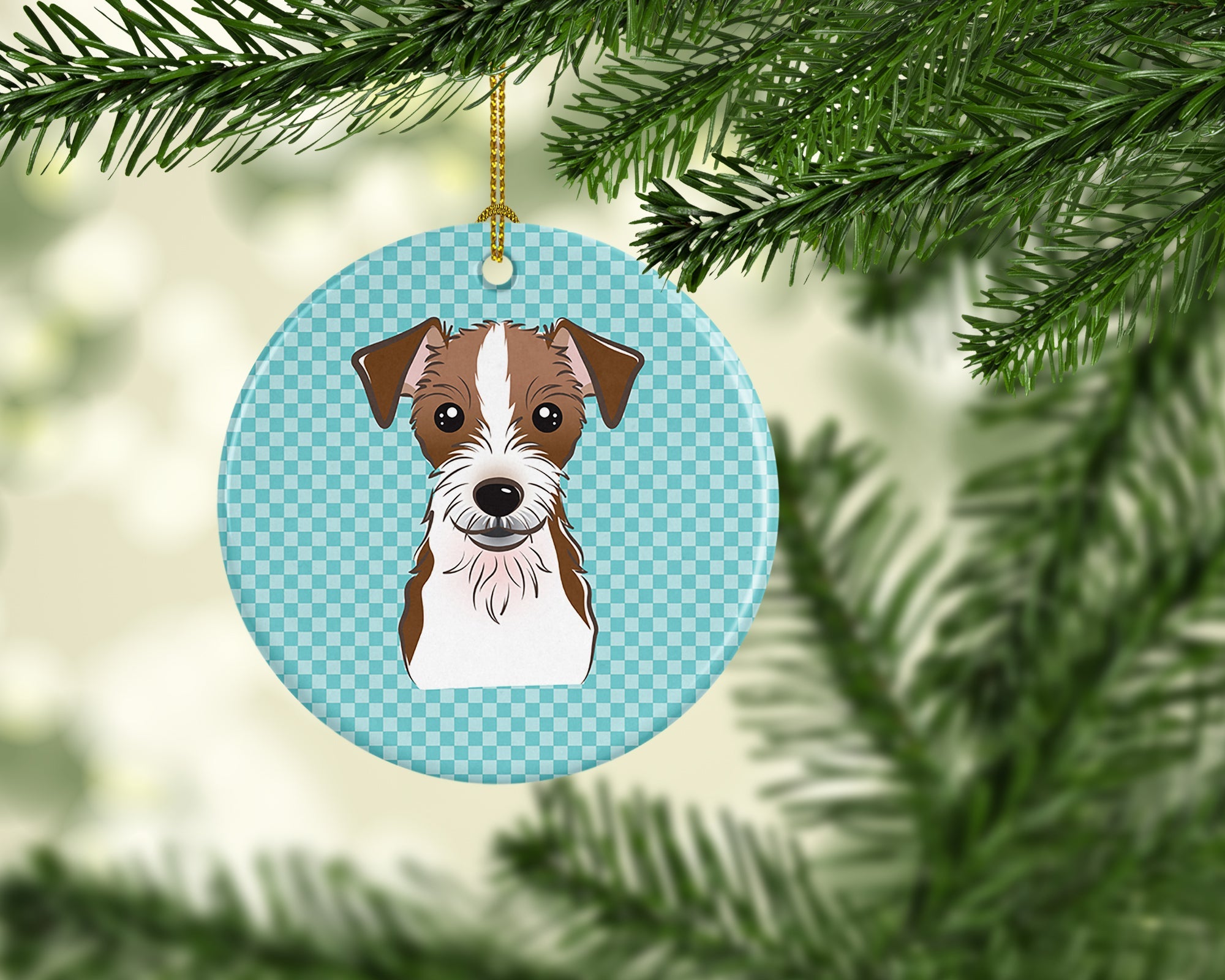 Checkerboard Blue Jack Russell Terrier Ceramic Ornament Christmas Tree Hanging Decorations for Home Christmas Holiday, Party, Gift, 3 in, Multicolor
