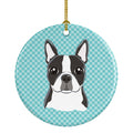 Checkerboard Blue Boston Terrier Ceramic Ornament Christmas Tree Hanging Decorations for Home Christmas Holiday, Party, Gift, 3 in, Multicolor