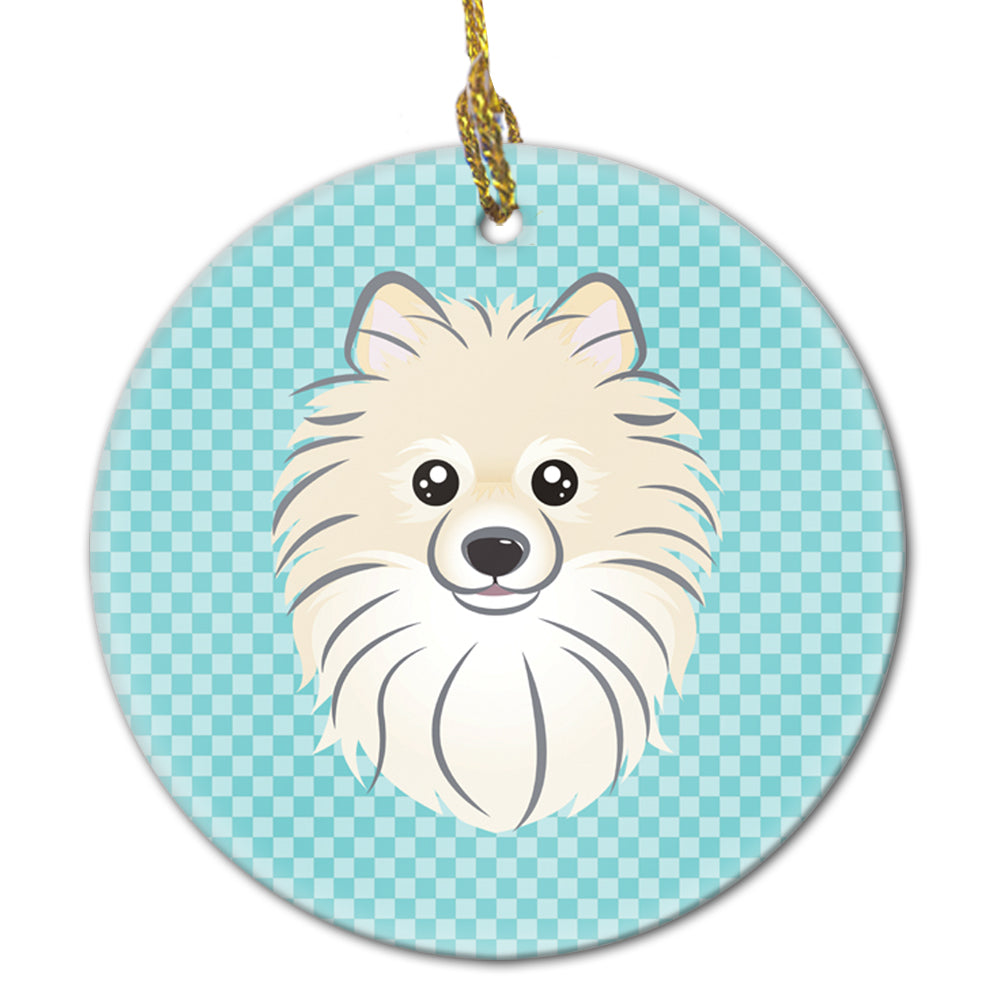 Checkerboard Blue Pomeranian Ceramic Ornament Christmas Tree Hanging Decorations for Home Christmas Holiday, Party, Gift, 3 in, Multicolor