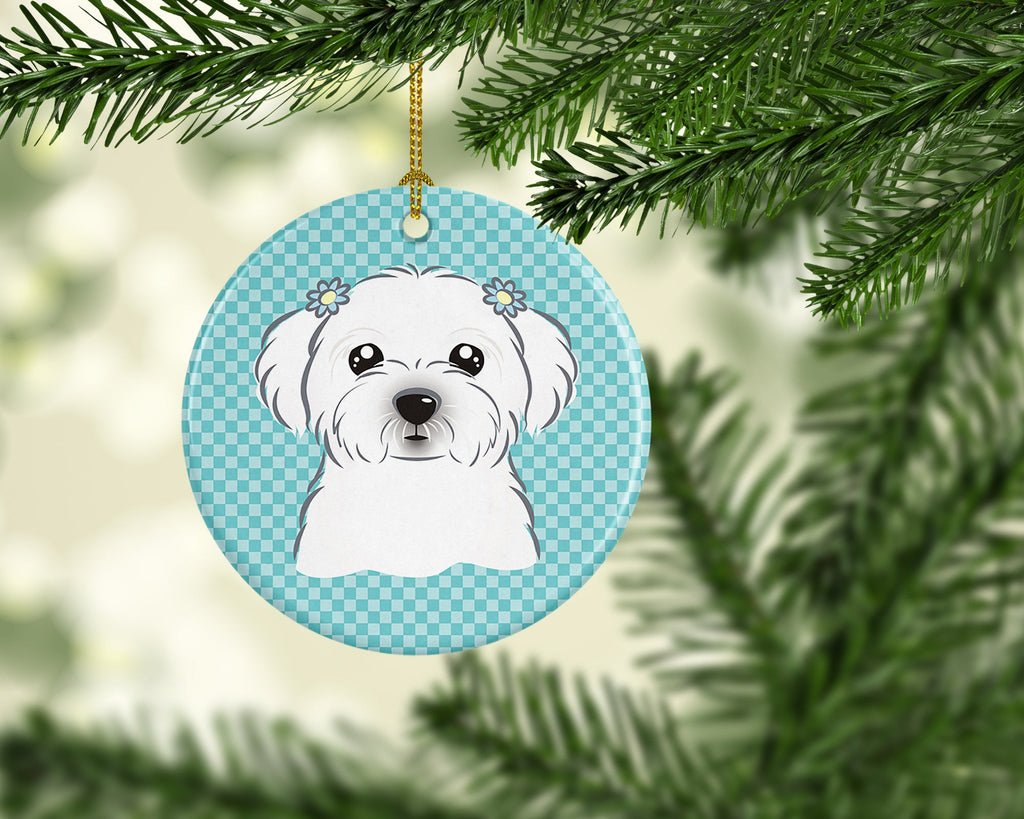 Checkerboard Blue Maltese Ceramic Ornament Christmas Tree Hanging Decorations for Home Christmas Holiday, Party, Gift, 3 in, Multicolor