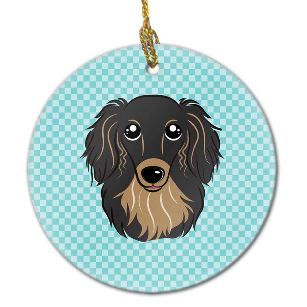 Checkerboard Blue Longhair Black and Tan Dachshund Ceramic Ornament Christmas Tree Hanging Decorations for Home Christmas Holiday, Party, Gift, 3 in, Multicolor