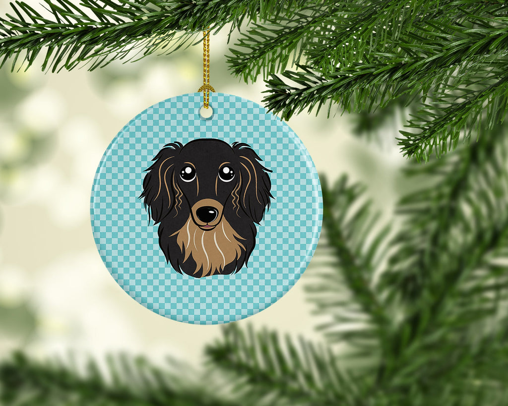 Checkerboard Blue Longhair Black and Tan Dachshund Ceramic Ornament Christmas Tree Hanging Decorations for Home Christmas Holiday, Party, Gift, 3 in, Multicolor