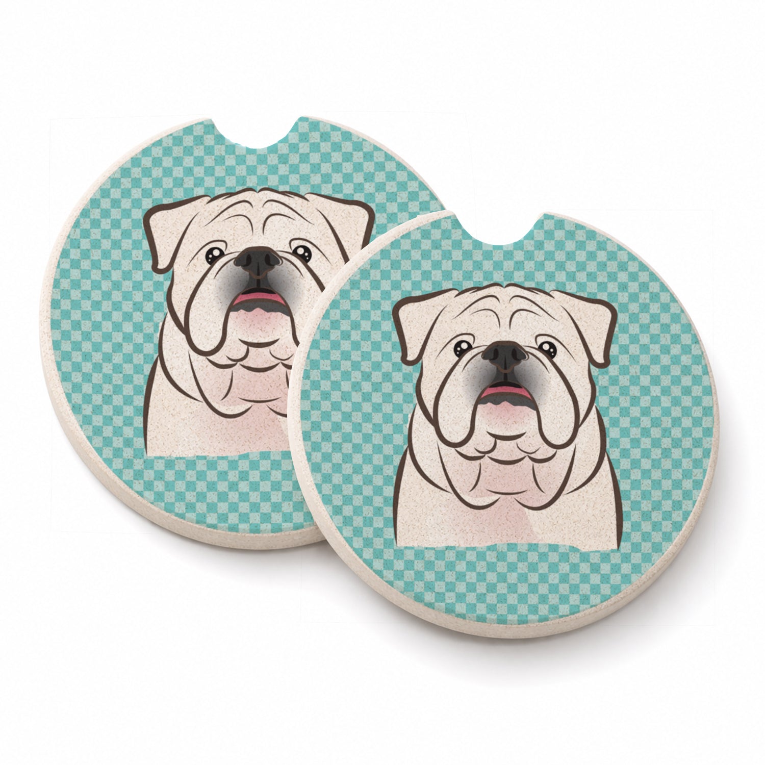 Checkerboard Blue White English Bulldog Set of 2 Cup Holder Car Coasters Absorbent Round Sandstone Coasters Gifts for Men or Women, 2.5, Multicolor