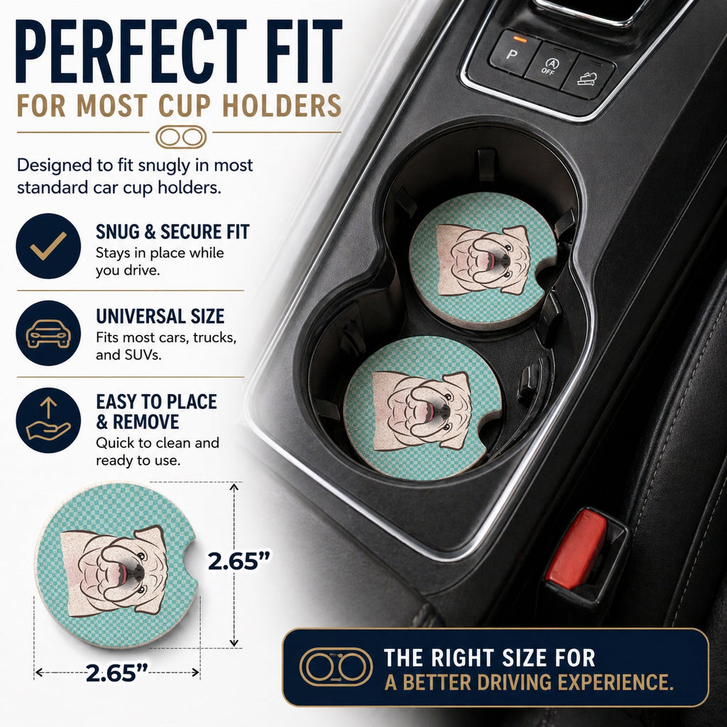 Checkerboard Blue White English Bulldog Set of 2 Cup Holder Car Coasters Absorbent Round Sandstone Coasters Gifts for Men or Women, 2.5, Multicolor