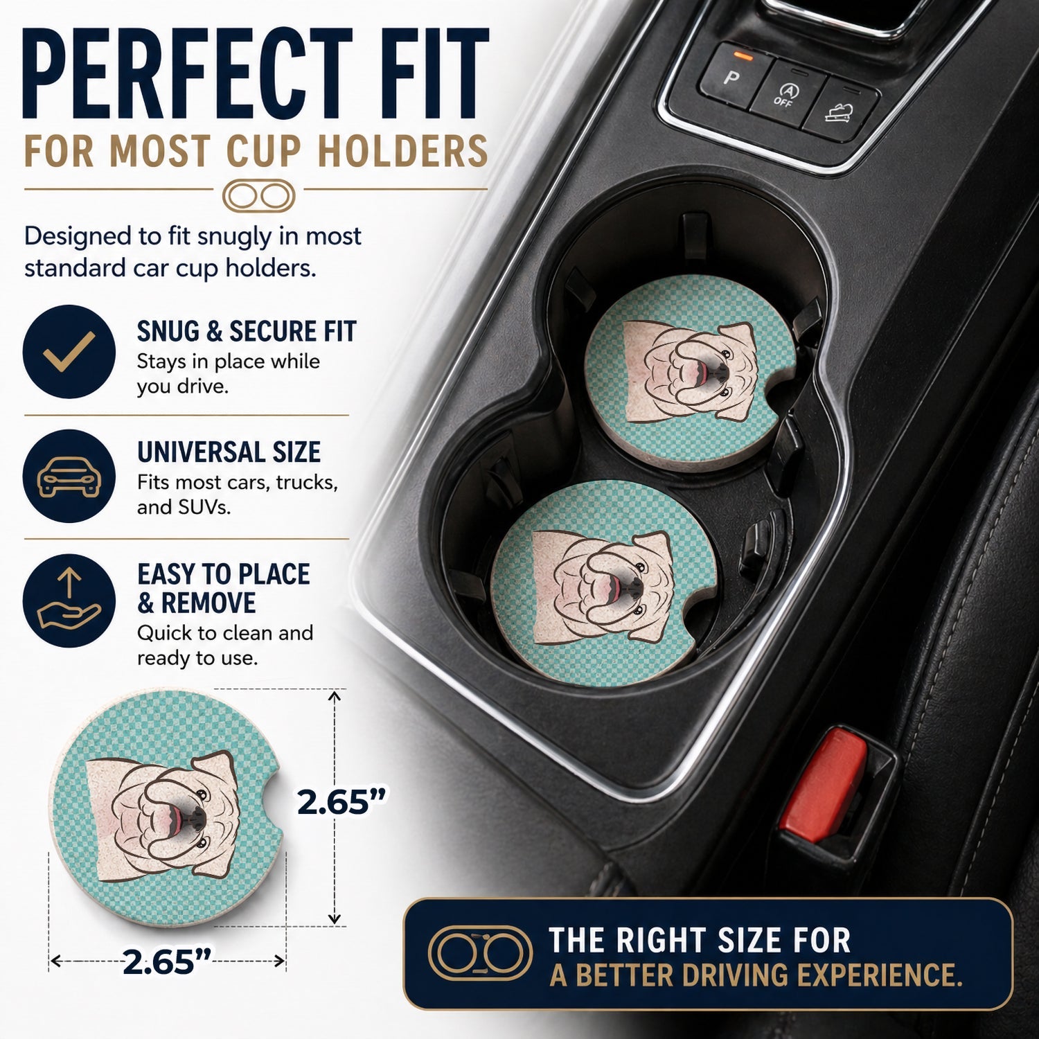 Checkerboard Blue White English Bulldog Set of 2 Cup Holder Car Coasters Absorbent Round Sandstone Coasters Gifts for Men or Women, 2.5, Multicolor