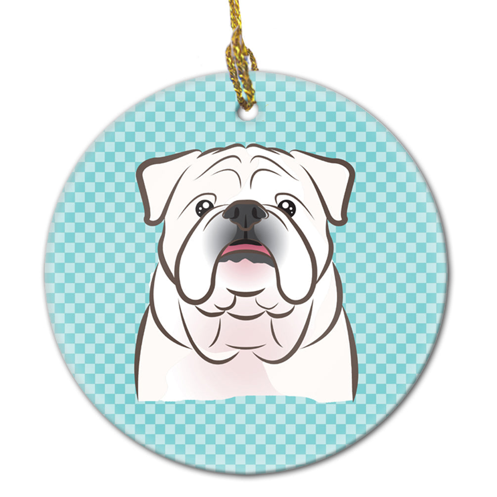 Checkerboard Blue White English Bulldog  Ceramic Ornament Christmas Tree Hanging Decorations for Home Christmas Holiday, Party, Gift, 3 in, Multicolor