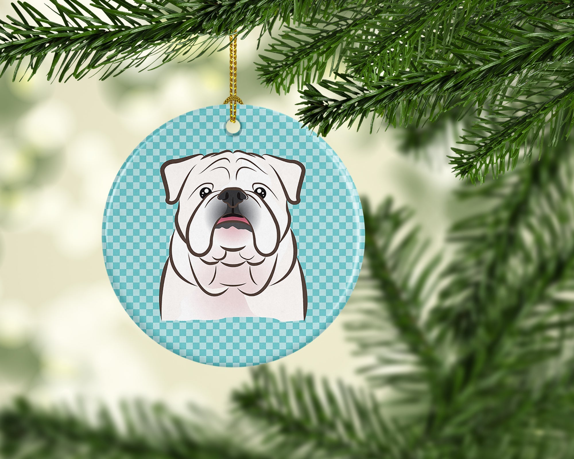 Checkerboard Blue White English Bulldog  Ceramic Ornament Christmas Tree Hanging Decorations for Home Christmas Holiday, Party, Gift, 3 in, Multicolor