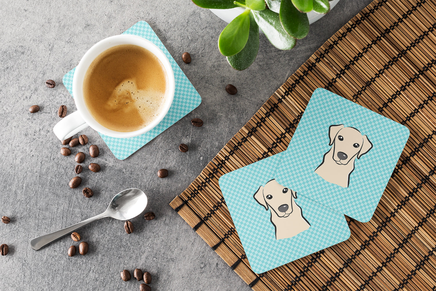 Checkerboard Blue Yellow Labrador Foam Coasters Set of 4 Cup Coasters for Indoor Outdoor, Tabletop Protection, Anti Slip, Mouse pad Material