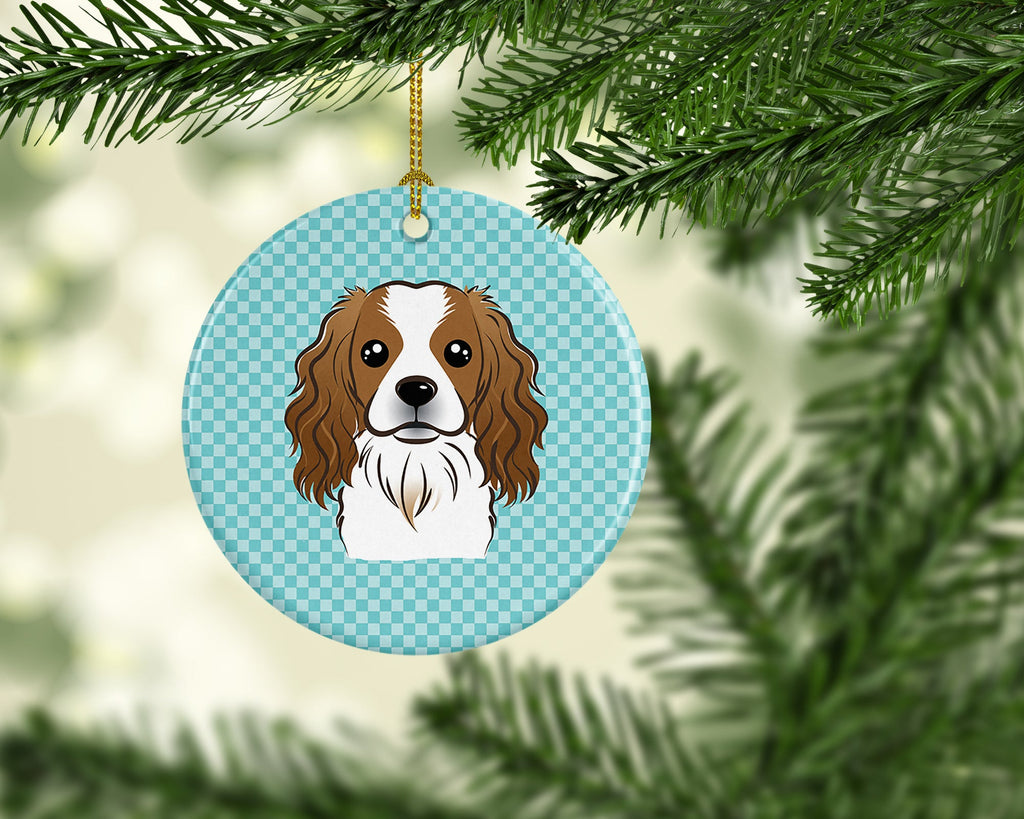 Checkerboard Blue Cavalier Spaniel Ceramic Ornament Christmas Tree Hanging Decorations for Home Christmas Holiday, Party, Gift, 3 in, Multicolor