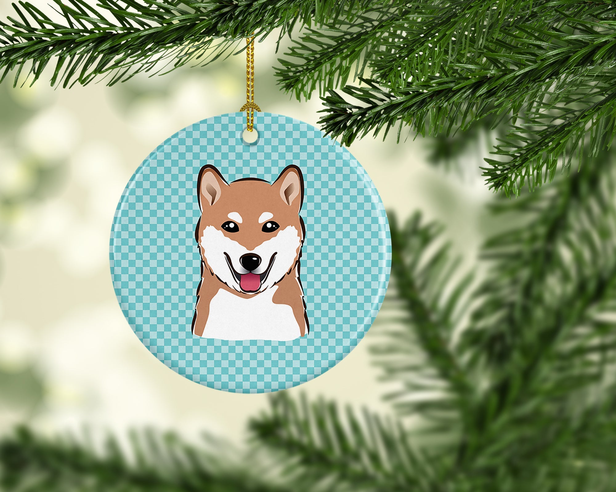 Checkerboard Blue Shiba Inu Ceramic Ornament Christmas Tree Hanging Decorations for Home Christmas Holiday, Party, Gift, 3 in, Multicolor