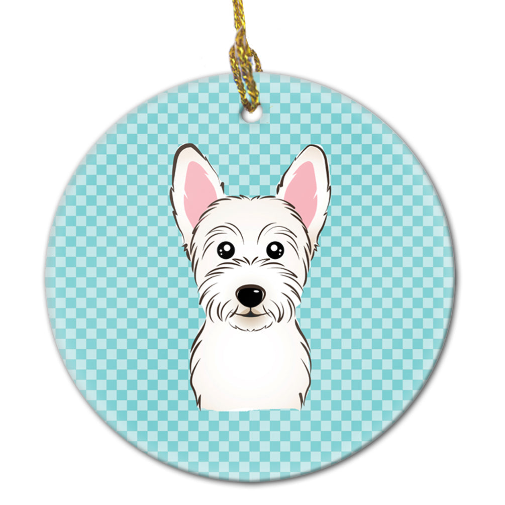 Checkerboard Blue Westie Ceramic Ornament Christmas Tree Hanging Decorations for Home Christmas Holiday, Party, Gift, 3 in, Multicolor