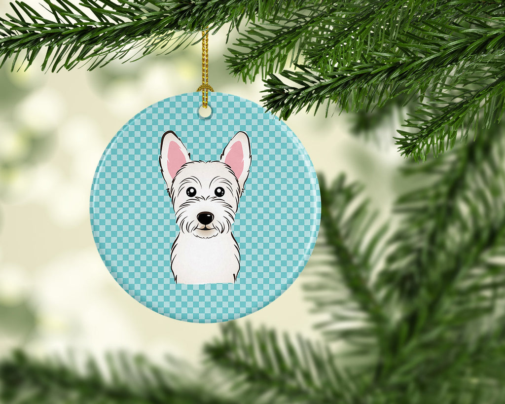 Checkerboard Blue Westie Ceramic Ornament Christmas Tree Hanging Decorations for Home Christmas Holiday, Party, Gift, 3 in, Multicolor