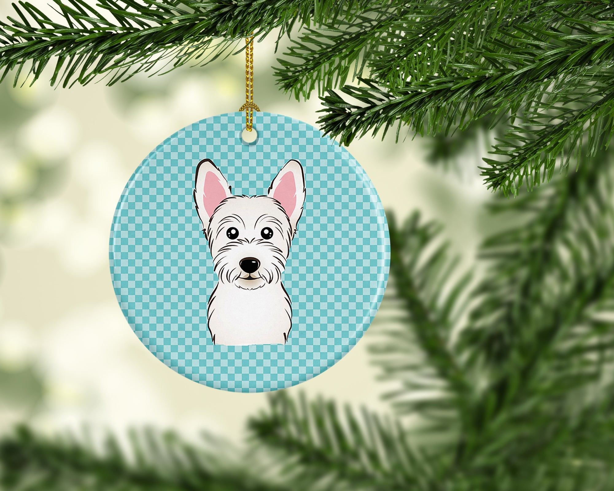 Checkerboard Blue Westie Ceramic Ornament Christmas Tree Hanging Decorations for Home Christmas Holiday, Party, Gift, 3 in, Multicolor