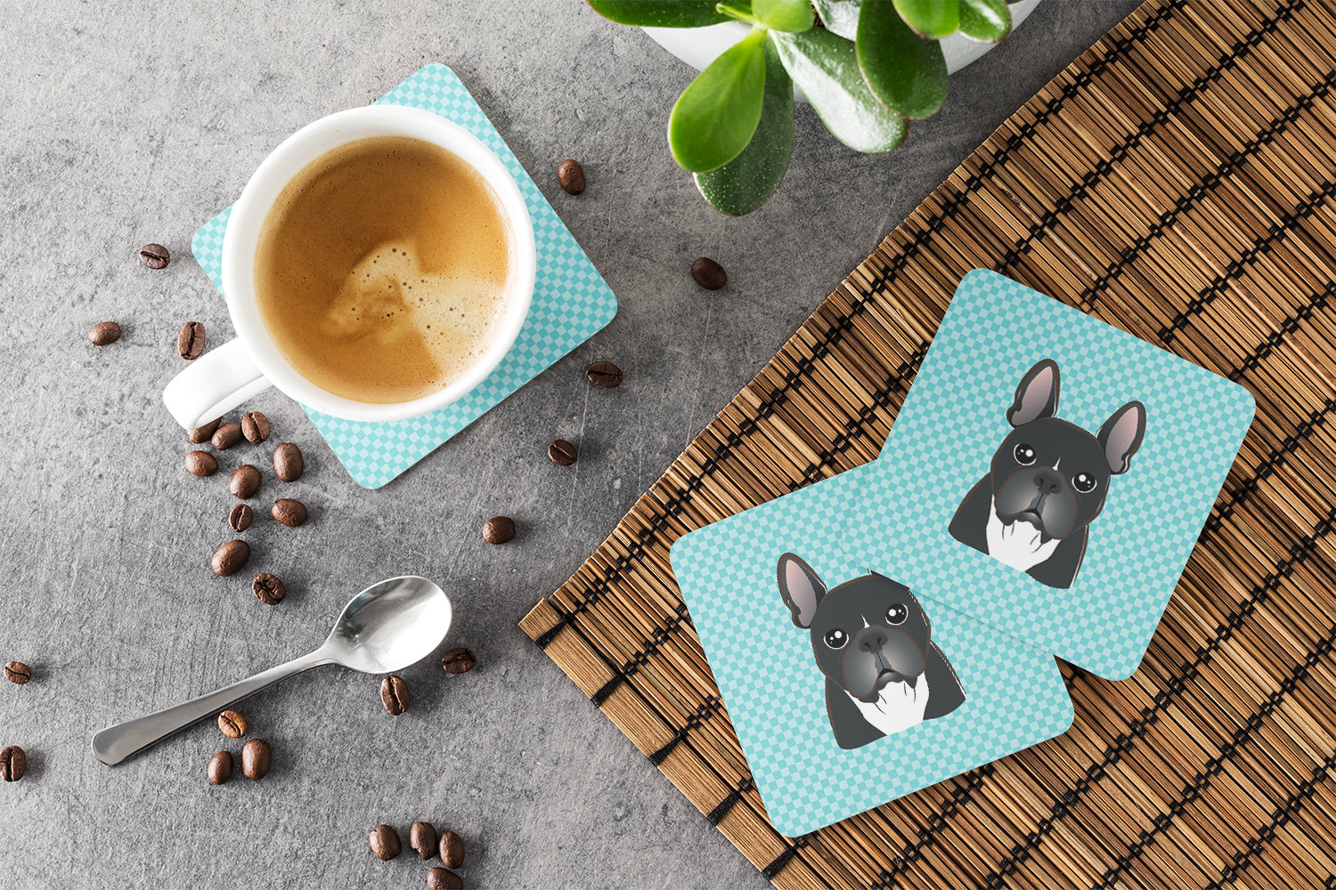 Checkerboard Blue French Bulldog Foam Coasters Set of 4 Cup Coasters for Indoor Outdoor, Tabletop Protection, Anti Slip, Mouse pad Material