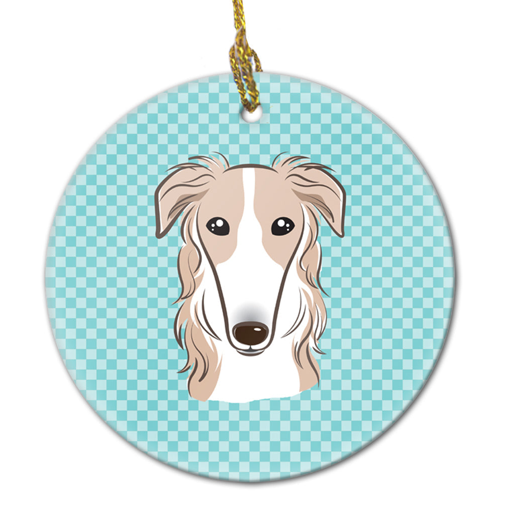 Checkerboard Blue Borzoi Ceramic Ornament Christmas Tree Hanging Decorations for Home Christmas Holiday, Party, Gift, 3 in, Multicolor