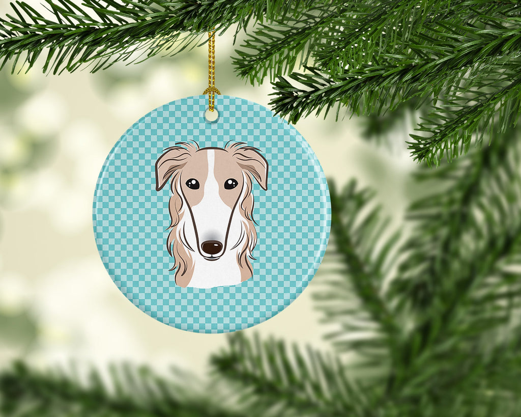 Checkerboard Blue Borzoi Ceramic Ornament Christmas Tree Hanging Decorations for Home Christmas Holiday, Party, Gift, 3 in, Multicolor