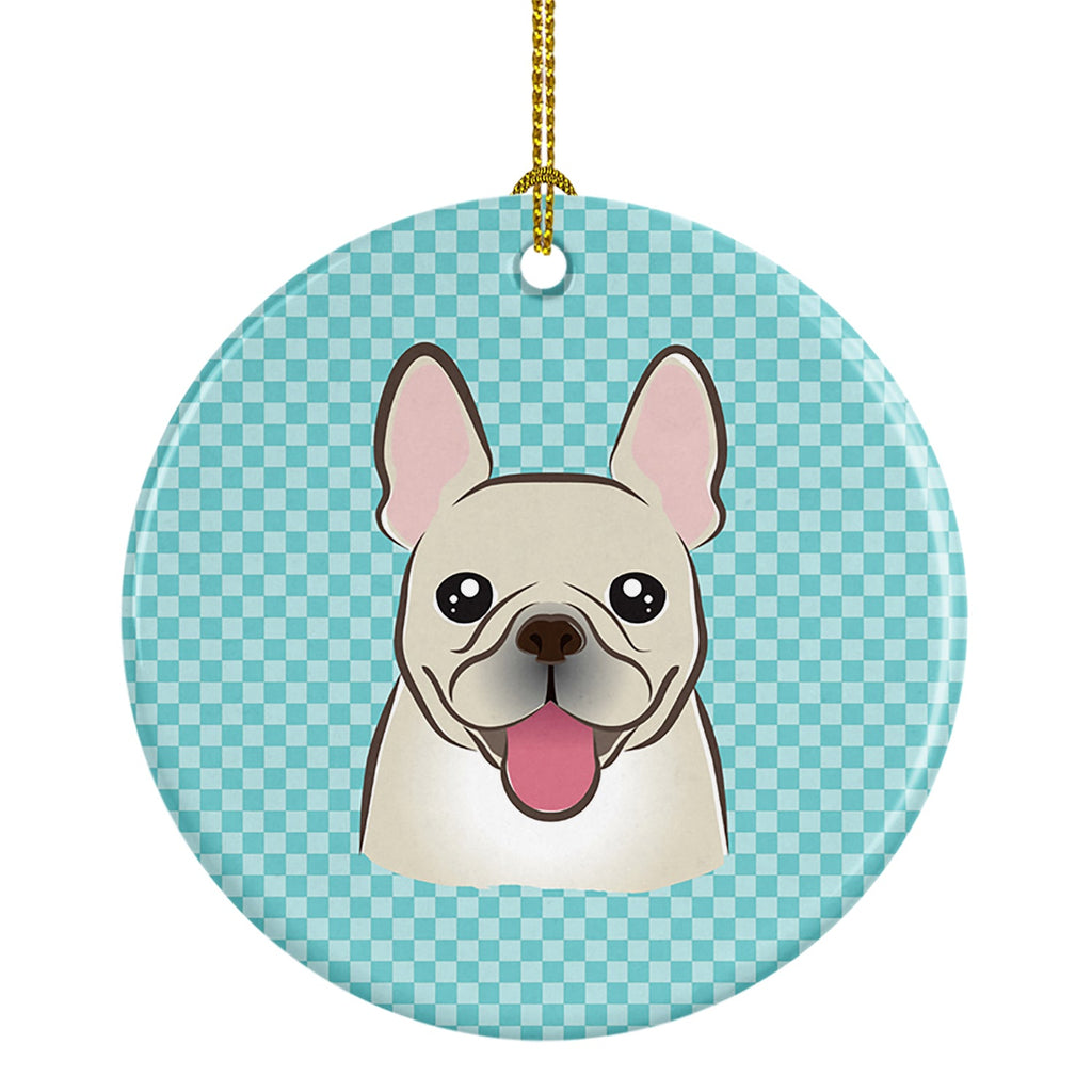 Checkerboard Blue French Bulldog Ceramic Ornament Christmas Tree Hanging Decorations for Home Christmas Holiday, Party, Gift, 3 in, Multicolor
