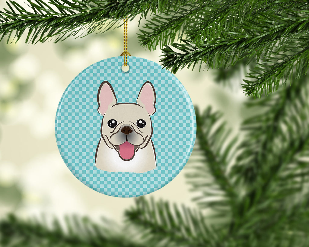 Checkerboard Blue French Bulldog Ceramic Ornament Christmas Tree Hanging Decorations for Home Christmas Holiday, Party, Gift, 3 in, Multicolor