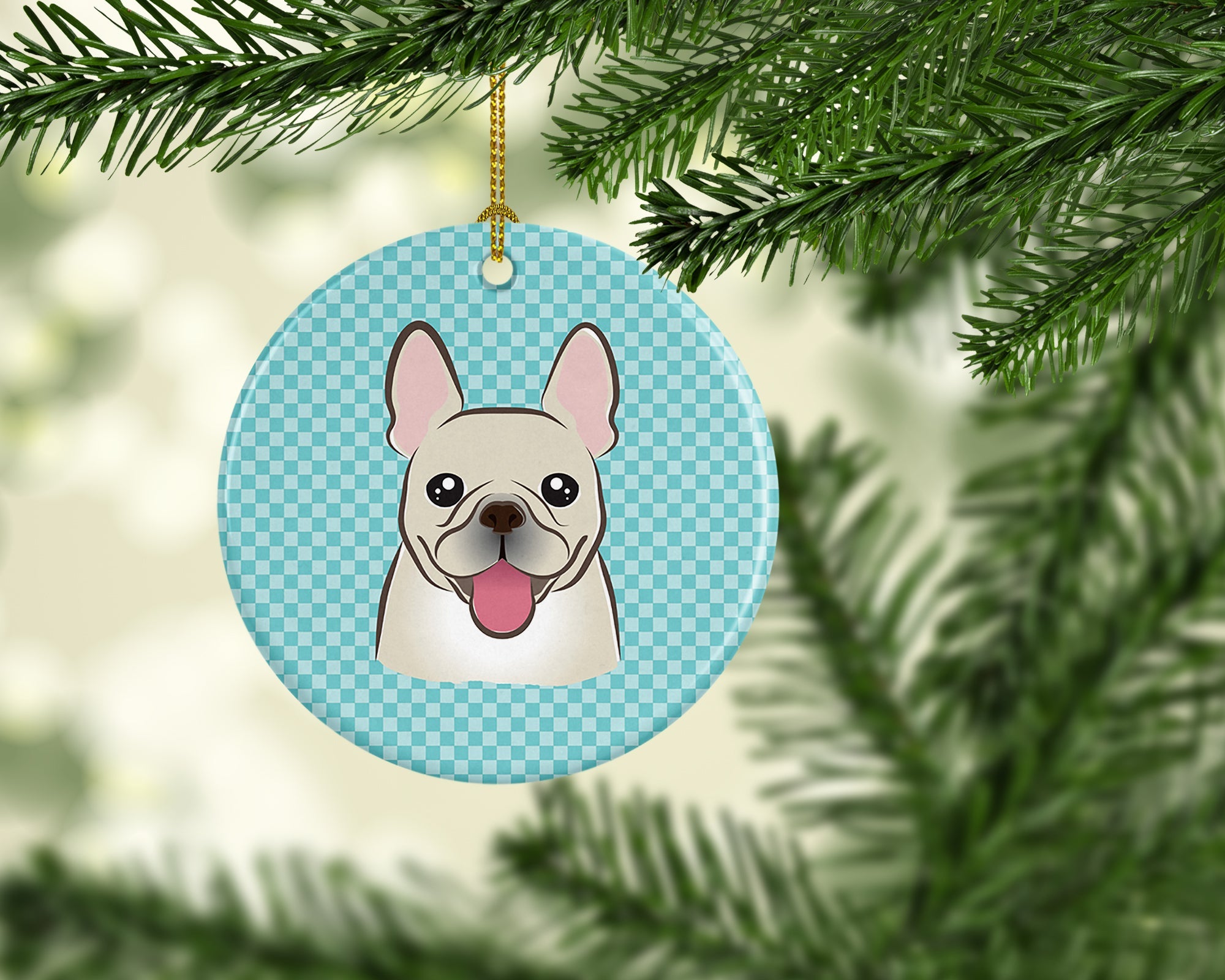 Checkerboard Blue French Bulldog Ceramic Ornament Christmas Tree Hanging Decorations for Home Christmas Holiday, Party, Gift, 3 in, Multicolor